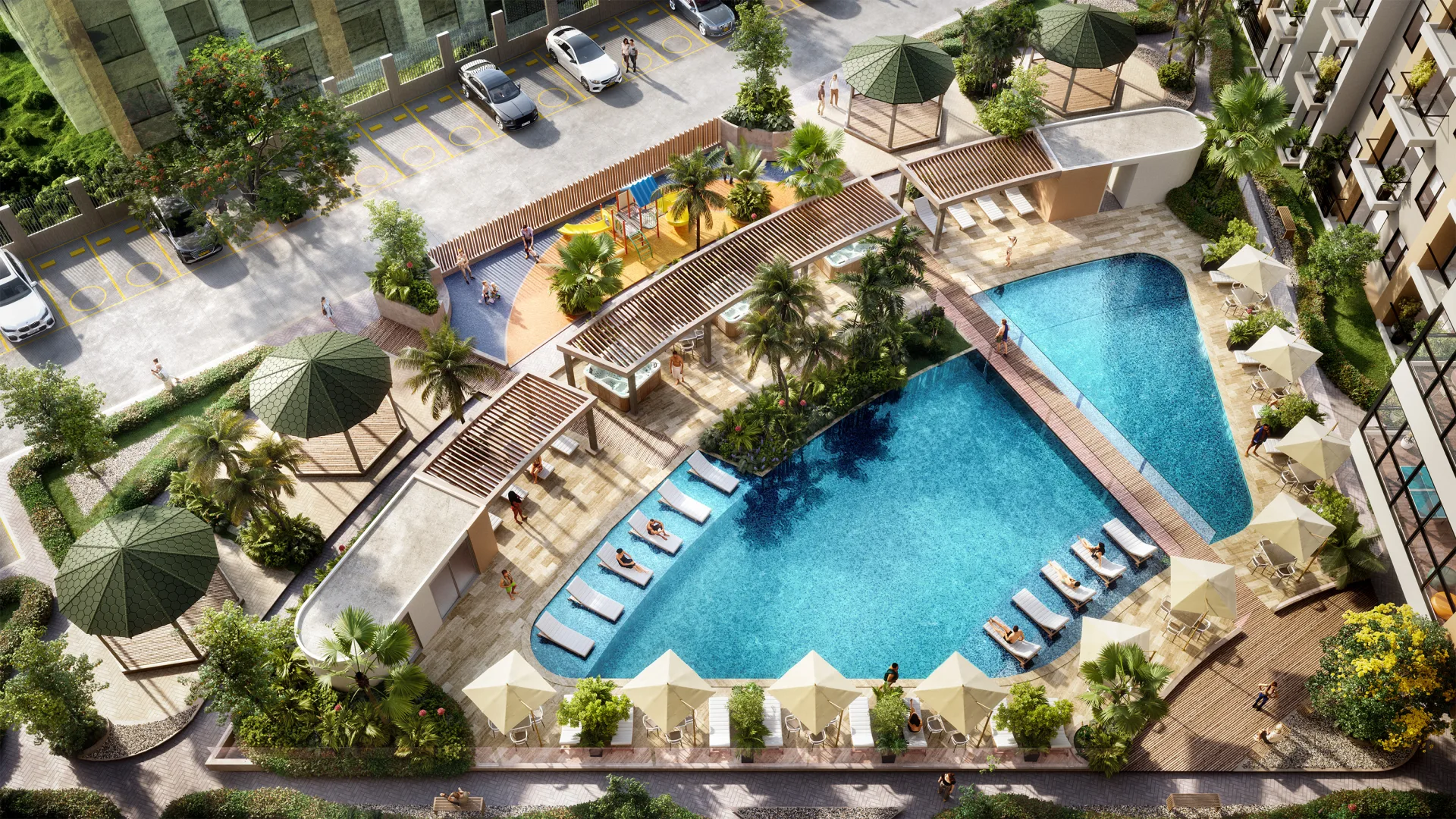 Vista aérea de la piscina, jacuzzis y pérgolas