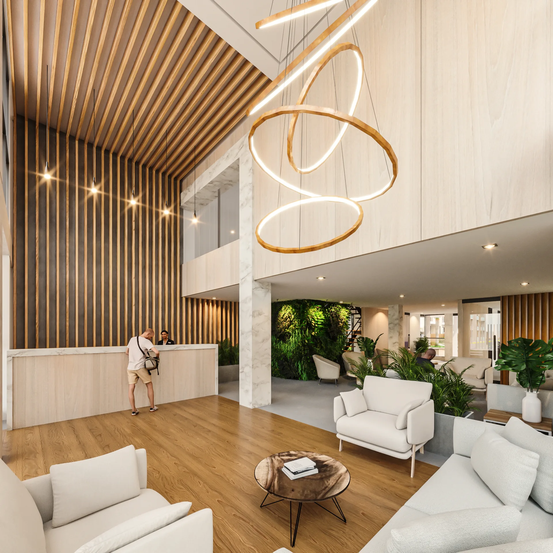 Lobby de doble altura con recepción