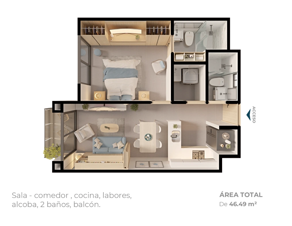 Plano Tipo B de 46.49 m² en Coralina Sunset