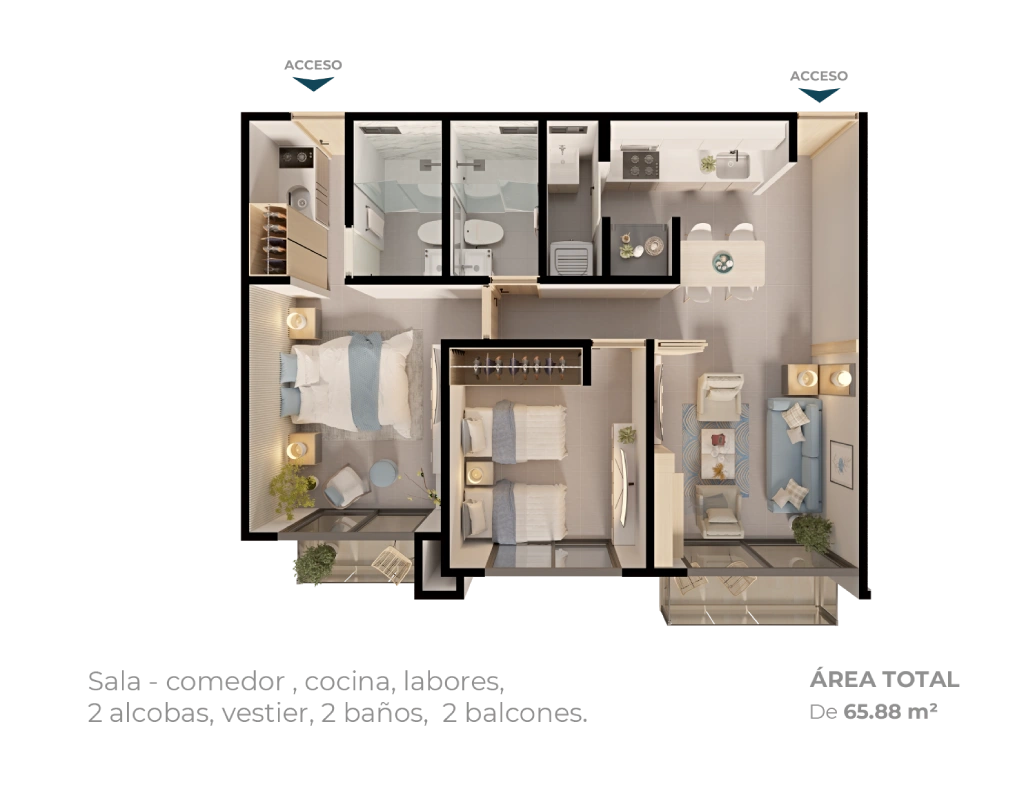 Plano Tipo A de 65.88 m² en Coralina Sunset